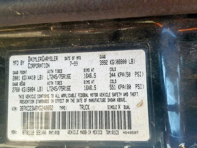 3B7KC23W6XG240882 - 1999 DODGE RAM 2500 BLACK photo 10