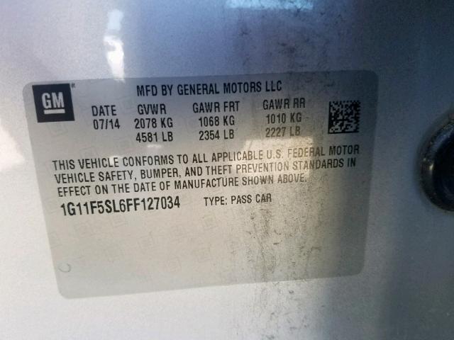 1G11F5SL6FF127034 - 2015 CHEVROLET MALIBU LTZ ვერცხლისფერი ფოტო 10