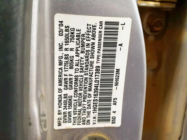 1HGES16394L017389 - 2004 HONDA CIVIC DX V SILVER photo 10