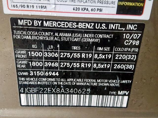 4JGBF22EX8A340625 - 2008 MERCEDES-BENZ GL 320 CDI BEIGE photo 10