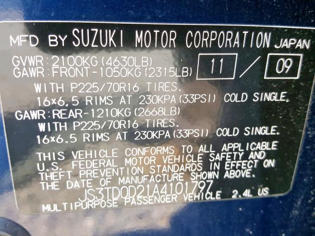 JS3TD0D21A4101797 - 2010 SUZUKI GRAND VITA BLUE photo 10