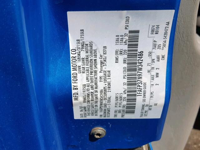 1FAFP37N97W342486 - 2007 FORD FOCUS ZX5 BLUE photo 10