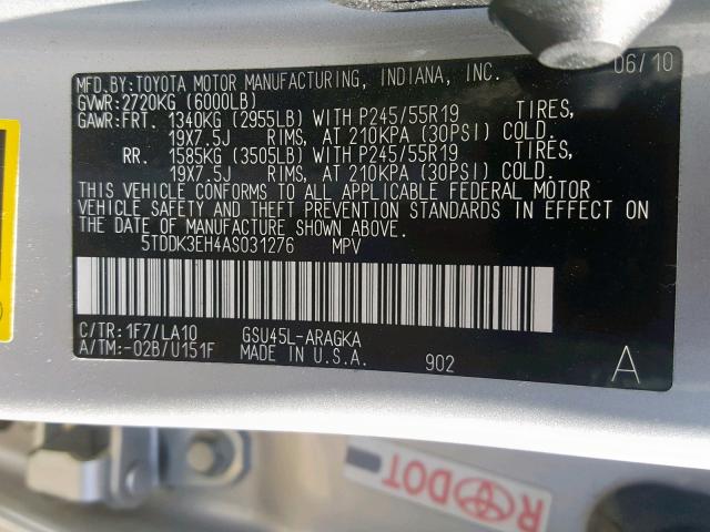 5TDDK3EH4AS031276 - 2010 TOYOTA HIGHLANDER SILVER photo 10