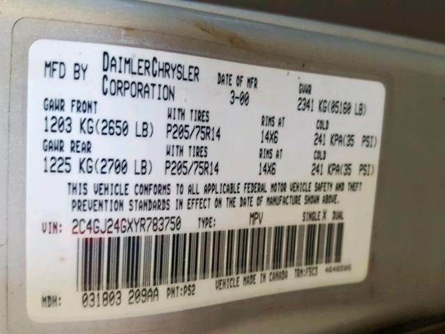 2C4GJ24GXYR783750 - 2000 CHRYSLER GRAND VOYA SILVER photo 10