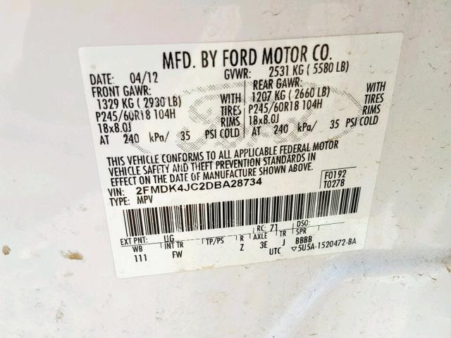 2FMDK4JC2DBA28734 - 2013 FORD EDGE SEL WHITE photo 10