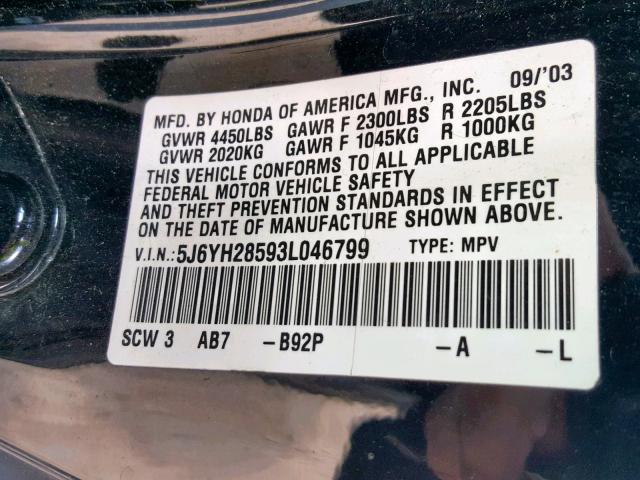 5J6YH28593L046799 - 2003 HONDA ELEMENT EX BLACK photo 10