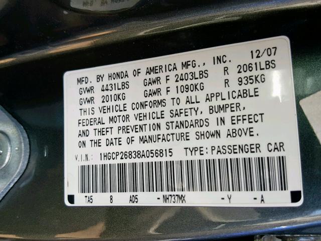 1HGCP26838A056815 - 2008 HONDA ACCORD EXL GRAY photo 10