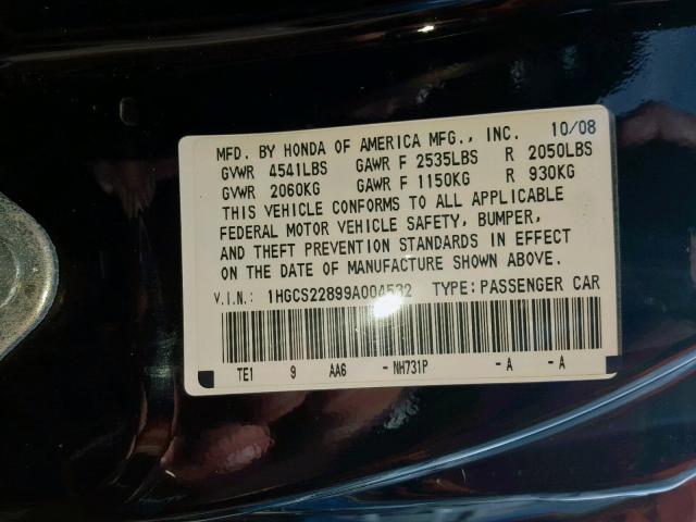 1HGCS22899A004532 - 2009 HONDA ACCORD EXL BLACK photo 10