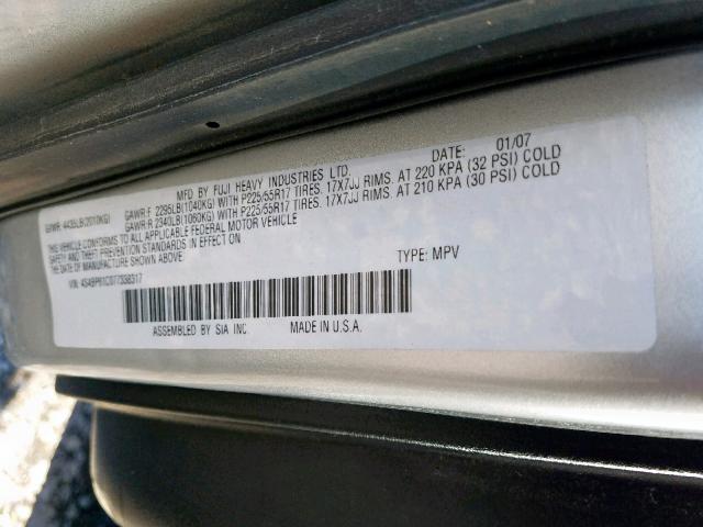 4S4BP61C077338317 - 2007 SUBARU LEGACY OUT SILVER photo 10