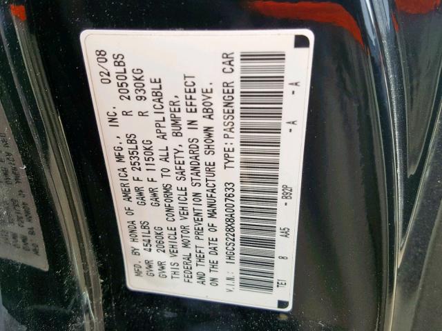 1HGCS228X8A007633 - 2008 HONDA ACCORD EXL BLACK photo 10