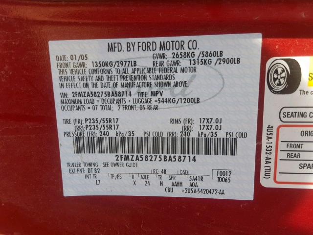 2FMZA58275BA58714 - 2005 FORD FREESTAR L BURGUNDY photo 10