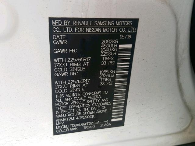 KNMAT2MT4JP590210 - 2018 NISSAN ROGUE S WHITE photo 10