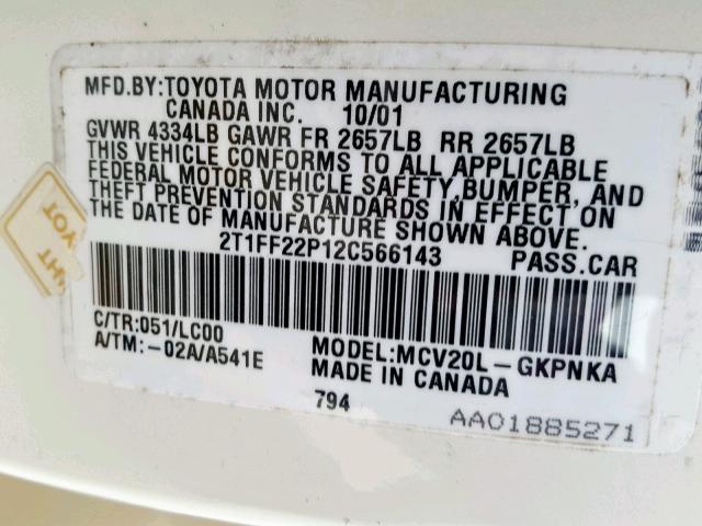 2T1FF22P12C566143 - 2002 TOYOTA CAMRY SOLA WHITE photo 10