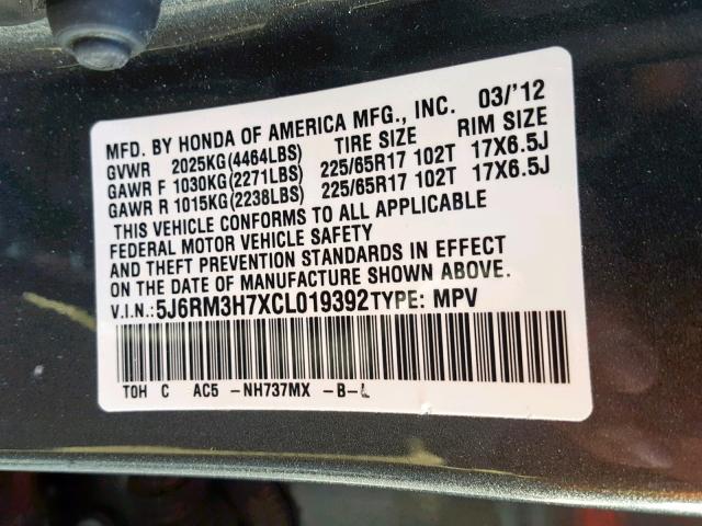 5J6RM3H7XCL019392 - 2012 HONDA CR-V EXL GRAY photo 10