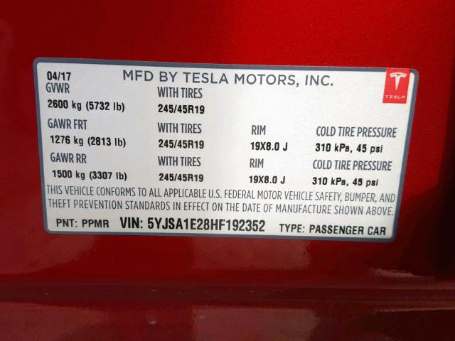 5YJSA1E28HF192352 - 2017 TESLA MODEL S RED photo 10