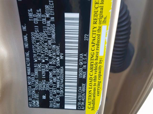 5TDKY5G14AS028864 - 2010 TOYOTA SEQUOIA LI BEIGE photo 10