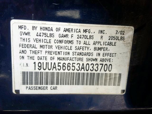 19UUA56653A033700 - 2003 ACURA 3.2TL BLUE photo 10