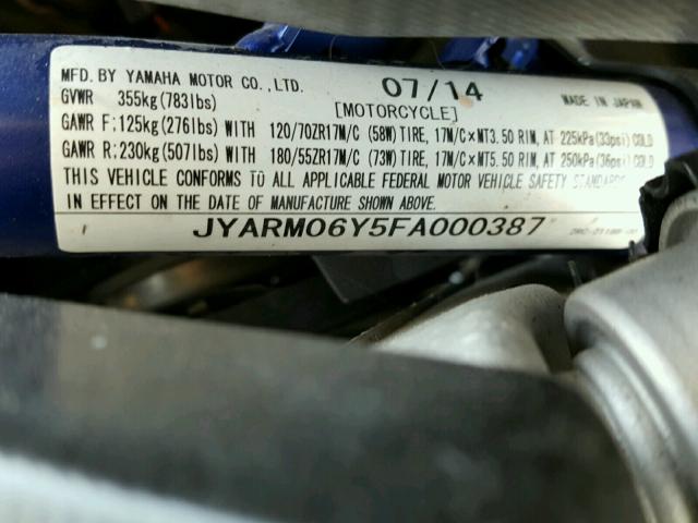 JYARM06Y5FA000387 - 2015 YAMAHA FZ07 C CHARCOAL photo 10