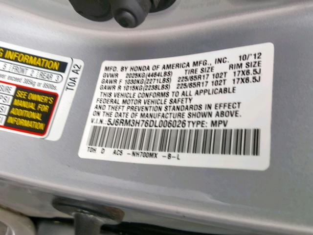 5J6RM3H76DL006026 - 2013 HONDA CR-V EXL SILVER photo 10