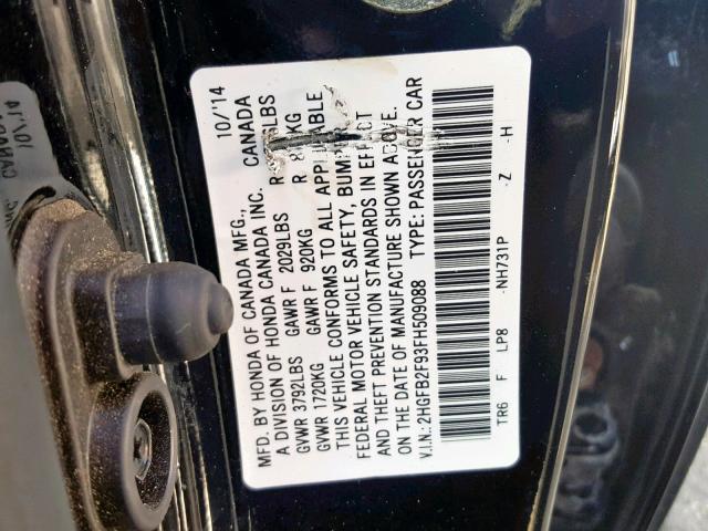 2HGFB2F93FH509088 - 2015 HONDA CIVIC EXL 黑色 照片 10