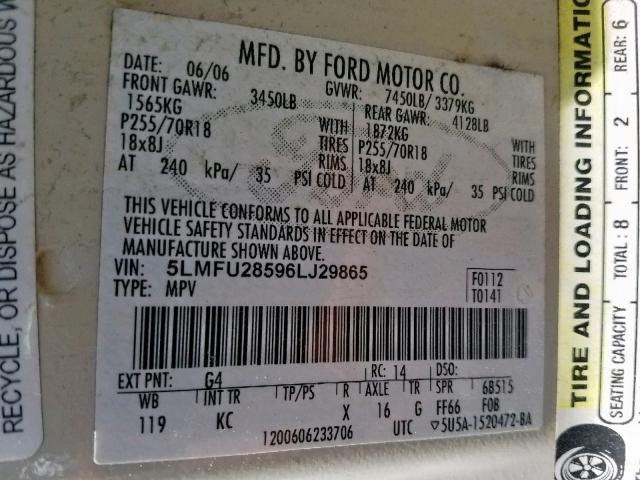 5LMFU28596LJ29865 - 2006 LINCOLN NAVIGATOR WHITE photo 10