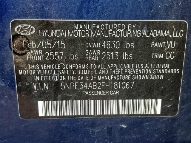 5NPE34AB2FH181067 - 2015 HYUNDAI SONATA SPO BLUE photo 10