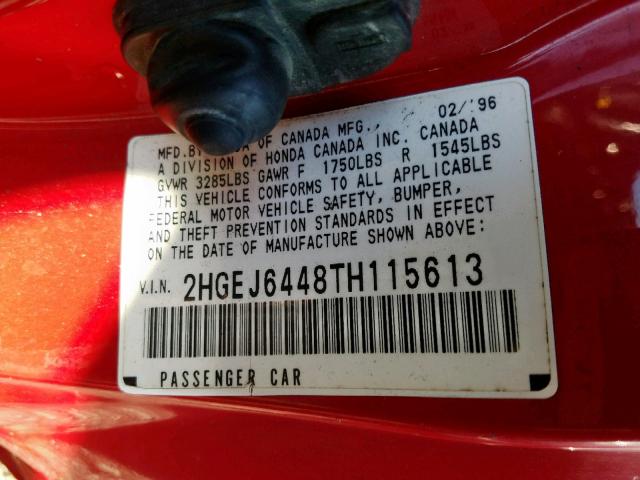 2HGEJ6448TH115613 - 1996 HONDA CIVIC DX RED photo 10