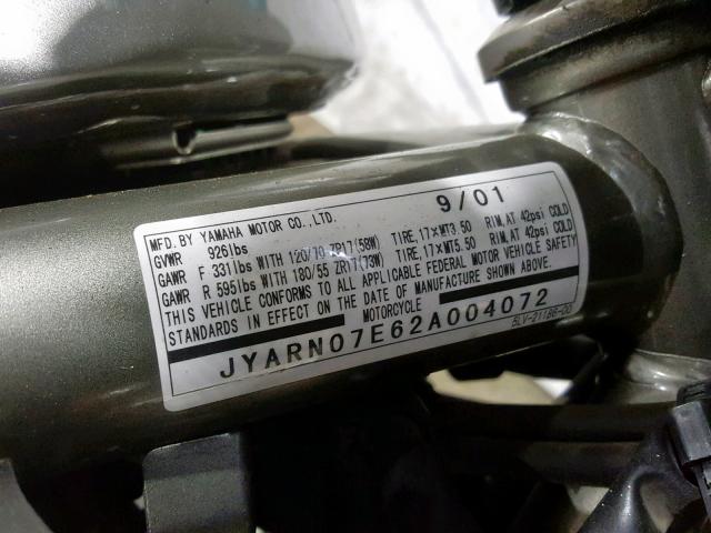 JYARN07E62A004072 - 2002 YAMAHA FZS10 GRAY photo 10