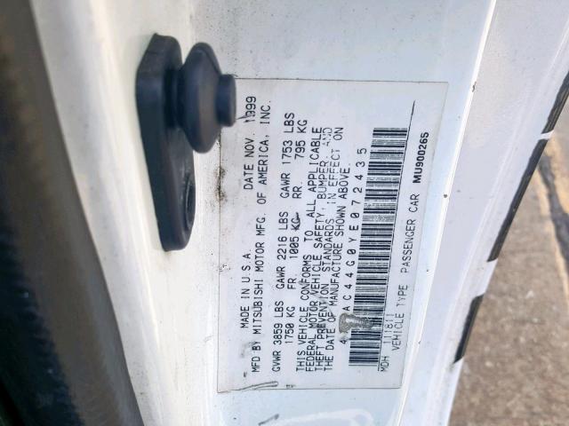 4A3AC44G0YE072435 - 2000 MITSUBISHI ECLIPSE GS WHITE photo 10