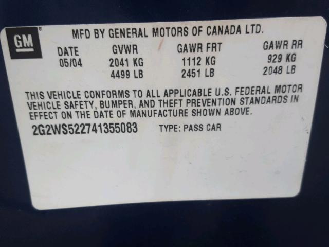 2G2WS522741355083 - 2004 PONTIAC GRAND PRIX ლურჯი ფოტო 10