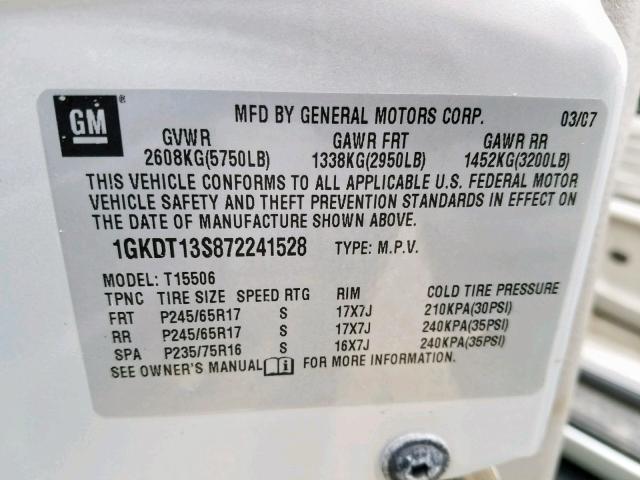 1GKDT13S872241528 - 2007 GMC ENVOY SILVER photo 10