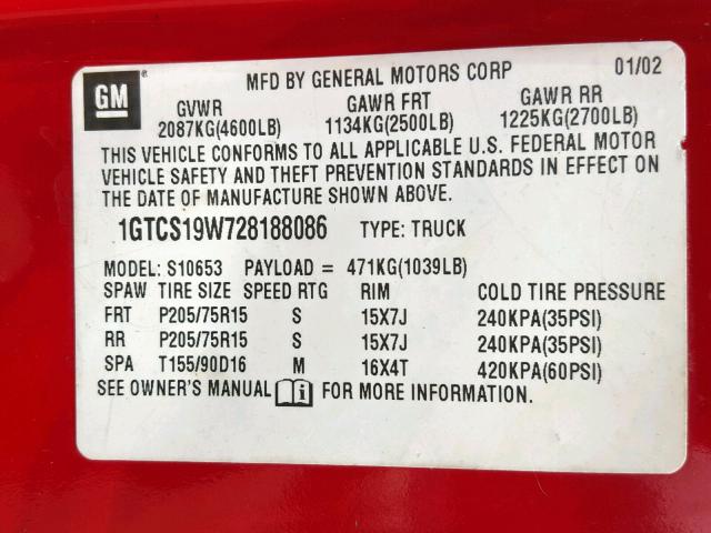 1GTCS19W728188086 - 2002 GMC SONOMA RED photo 10