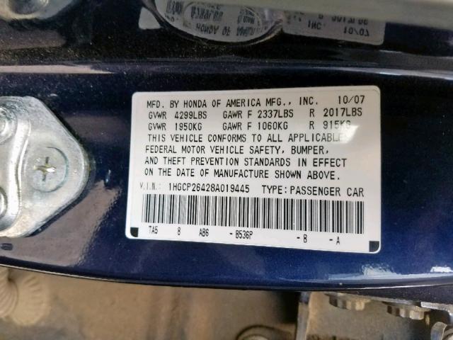 1HGCP26428A019445 - 2008 HONDA ACCORD LXP BLUE photo 10