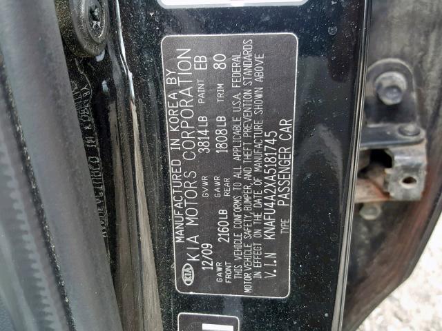 KNAFU4A2XA5181745 - 2010 KIA FORTE EX BLACK photo 10