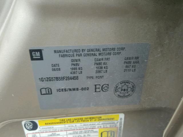 1G1ZG57B58F284458 - 2008 CHEVROLET MALIBU LS TAN photo 10