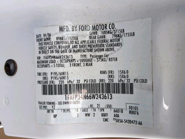 1FAFP34N66W243613 - 2006 FORD FOCUS ZX4 WHITE photo 10