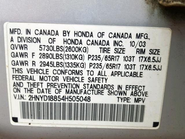 2HNYD18854H505048 - 2004 ACURA MDX TOURIN SILVER photo 10