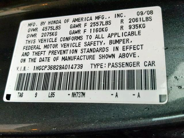 1HGCP36829A014739 - 2009 HONDA ACCORD EXL GRAY photo 10