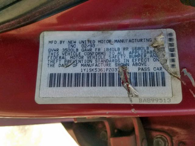 1Y1SK5361PZ033445 - 1993 GEO PRIZM BASE 红色 照片 10