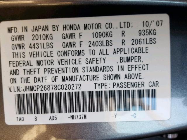 JHMCP26878C020272 - 2008 HONDA ACCORD EXL CHARCOAL photo 10