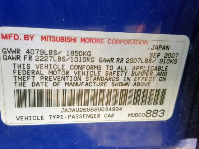 JA3AU26U68U034994 - 2008 MITSUBISHI LANCER ES BLUE photo 10