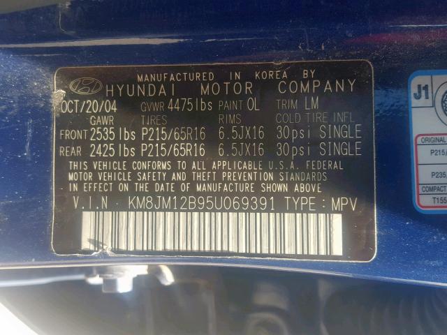 KM8JM12B95U069391 - 2005 HYUNDAI TUCSON GL BLUE photo 10