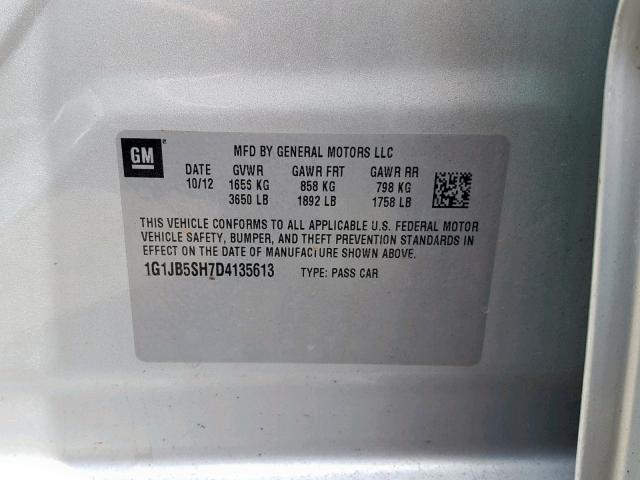 1G1JB5SH7D4135613 - 2013 CHEVROLET SONIC LS 银色 照片 10