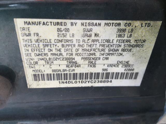 1N4DL01D2YC238894 - 2000 NISSAN ALTIMA XE GREEN photo 10