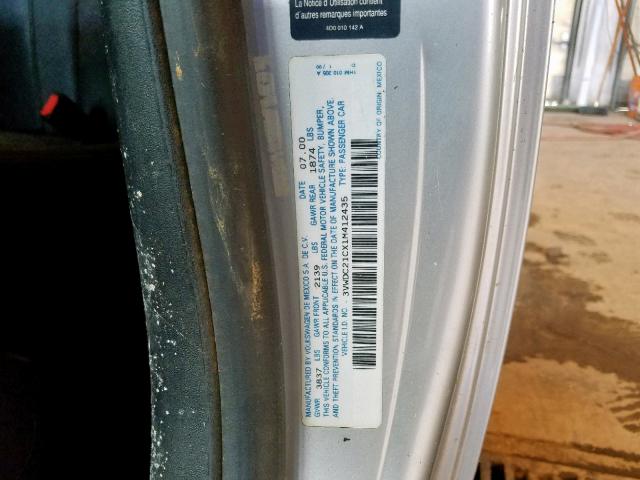 3VWDC21CX1M412435 - 2001 VOLKSWAGEN NEW BEETLE ვერცხლისფერი ფოტო 10