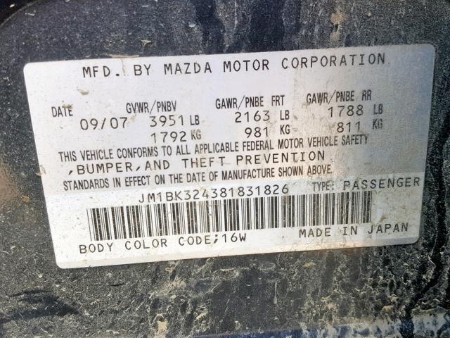 JM1BK324381831826 - 2008 MAZDA 3 S BLACK photo 10