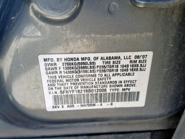 5FNYF18218B012006 - 2008 HONDA PILOT VP GRAY photo 10