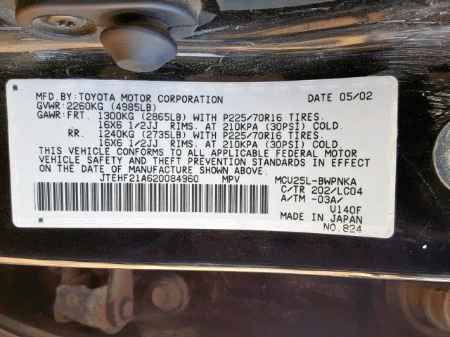 JTEHF21A620084960 - 2002 TOYOTA HIGHLANDER BLACK photo 10