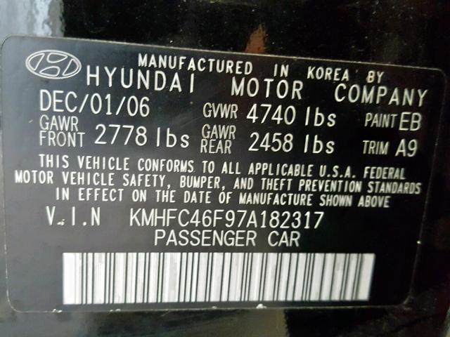 KMHFC46F97A182317 - 2007 HYUNDAI AZERA SE BLACK photo 10