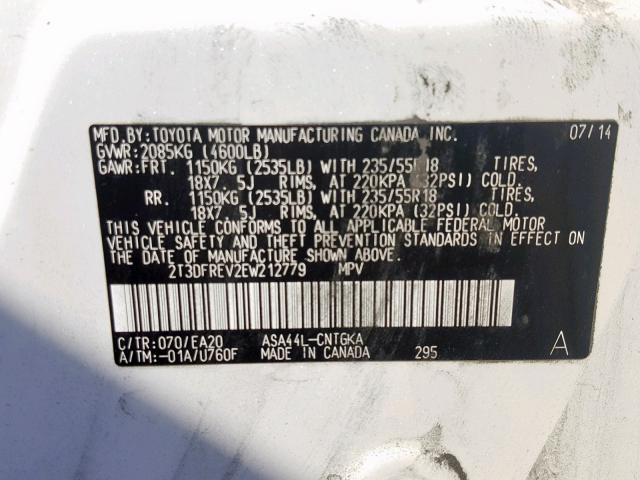 2T3DFREV2EW212779 - 2014 TOYOTA RAV4 LIMIT WHITE photo 10